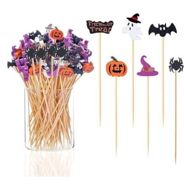 Imagem de Pacote com 100 palitos de dia das bruxas, palitos de coquetel de bambu natural de 14,92 polegadas para bolo sobremesa comida frutas decorações de festa de Halloween (6 padrões)