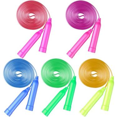 Imagem de Wlilupah 5 cordas coloridas de pular para crianças com alças de plástico, presente para crianças, corda de pular ajustável de 2 metros para exercícios ao ar livre, equipamento de festa