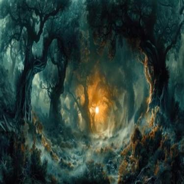 Imagem de Quadro Decorativo de Floresta Fantasia com Árvores Assustadoras e Luzes Noturnas 50x50cm