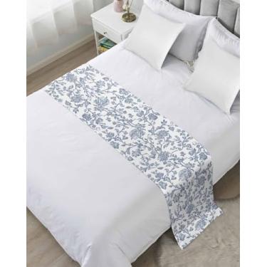 Imagem de Corredor de cama de flor azul para tamanho king, vintage fazenda boho folha primavera verão capa protetora para cama cachecol para corredores de pés e cachecóis para quarto, hotel, quarto de casamento
