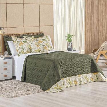 Imagem de Kit Cobre Leito Colcha Forest Queen 3 Peças Percal 150 Fios 100% Algodão - Verde Musgo Floral