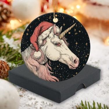 Imagem de Enfeites de Natal 2025 Enfeites de cerâmica redondos, um unicórnio usando chapéu de Natal com design de noite estrelada, árvore de Natal, decoração de casa, presente para amigos da família, festa de