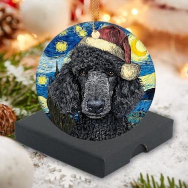 Imagem de Enfeite de Natal 2025 redondo decoração de Natal enfeites de árvore de Natal 7,6 cm - estilo noite estrelada um poodle usando chapéu de Natal