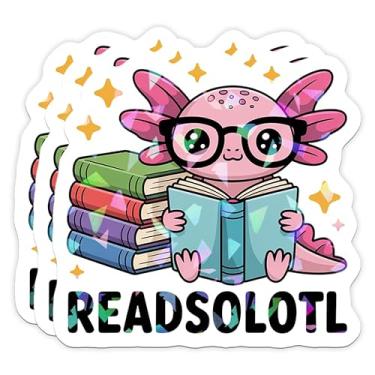 Imagem de (3 peças) Readsolotl rosa Kawaii Axolotl livro amante adesivo de leitura engraçado leitores fofos decalque holográfico para laptop, copo, Kindle, garrafa de água, caderno de 7,6 cm