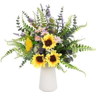 Imagem de Buquê de girassóis artificiais, arranjo de flores de seda de 38 cm, decoração floral realista, hastes dobráveis, sem manutenção, perfeito para casa, escritório, festas, presentes