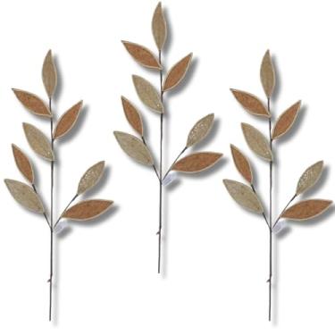Imagem de Kit 3 Com Galhos Decorativos Natalinos com Folhas Douradas e Glitter – Ramos de Enfeite para Árvores, Arranjos, Guirlandas e Centros de Mesa | Decoração Sofisticada para Casa, e Festas de Final de Ano