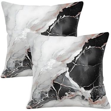 Imagem de Puacino Capas de almofada de linho branco com estampa dupla face de mármore preto e ouro rosa 45,7 x 45,7 cm, conjunto de 2 - capas de almofada de arte abstrata em pedra decorativa moderna para férias