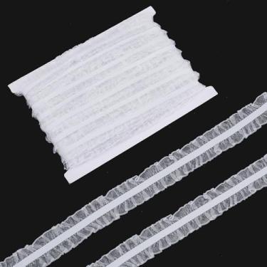 Imagem de letsinstyle Acabamento elástico de renda com babados duplos brancos de 25 metros, fita de cetim elástica com borda de renda, acabamentos de franja de babados reunidos para decoração de casamento