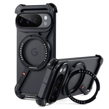 Imagem de OATSBASF Capa de telefone minimalista para Google Pixel 10 Pro/Pixel 10, suporte de rotação de 360° de alumínio, design sem moldura, amortecedor Z, capa protetora de grau de choque, preta