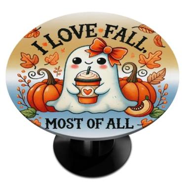 Imagem de hongjinglin Toalha de mesa redonda com borda elástica abóbora fantasma de outono toalha de mesa redonda limpa para decoração de cozinha de 114 a 127 cm