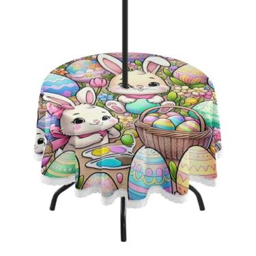 Imagem de Blueangle Toalha de mesa redonda impermeável de 152 cm Coelhinho da Páscoa com orifício para guarda-chuva - Tecido resistente à prova de sol para todos os climas para pátio, acampamento, piquenique