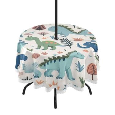 Imagem de Blueangle Toalha de mesa redonda de dinossauro colorido à prova d'água de 152 cm com orifício para guarda-chuva - Tecido resistente à prova de sol para todos os climas para pátio, acampamento