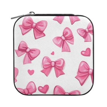 Imagem de SEHANY Caixa de joias personalizada com laço rosa para mulheres, meninas, mini estojo de joias de couro PU, organizador de joias de viagem, caixa de joias para brincos, anéis, colares, presentes para