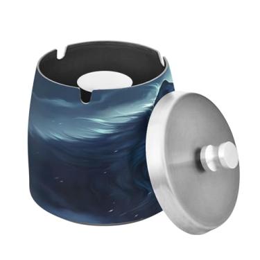 Imagem de Blueangle Cinzeiro de lobo com tampa para cigarros, à prova de vento/chuva, aço inoxidável, sem fumaça, inodoro, cinzeiro para uso interno ou externo (388)