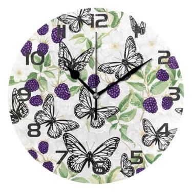 Imagem de GakkiGii Butterflies & Berries Relógio de parede silencioso sem tique-taque, relógio moderno operado por bateria para escritório em casa, cozinha, quarto - fácil de ler