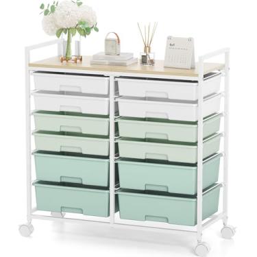 Imagem de Carrinho de rodinhas de 12 gavetas com tampo de madeira – Organizador móvel de armazenamento com rodas para artesanato, material escolar, escritório em casa e organização de sala de aula de