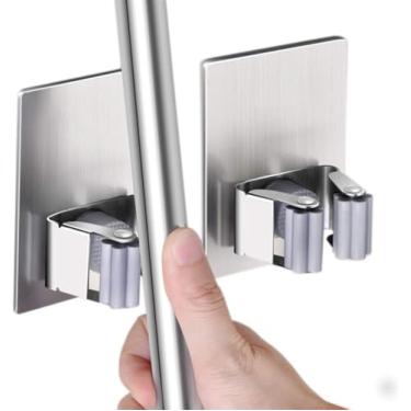 Imagem de 4 peças de suporte de esfregão e vassoura de aço inoxidável - clipes de armazenamento montados na parede para cozinha, banheiro, jardim | Rack de acessórios de limpeza durável com ganchos utilitários