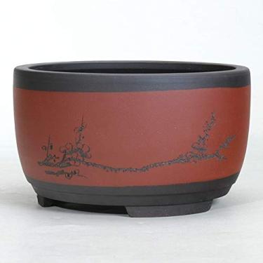 Imagem de uhyOHF Bonsai Vaso de flores de cerâmica redondo grande, médio e pequeno vaso de bonsai verde vaso de plantas em forma de tambor estilo chinês bacia de ventilação redonda vaso decorativo para plantas