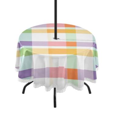 Imagem de CEBUGI Toalha de mesa redonda para uso externo, colorido, quadriculado, impermeável, com furo Umberlla, capa de mesa lavável para pátio, cozinha, sala de jantar, 152 cm