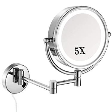 Imagem de Espelho de maquiagem montado na parede 5X, espelho de iluminação de rotação 360, para penteadeira de quarto ou banheiro