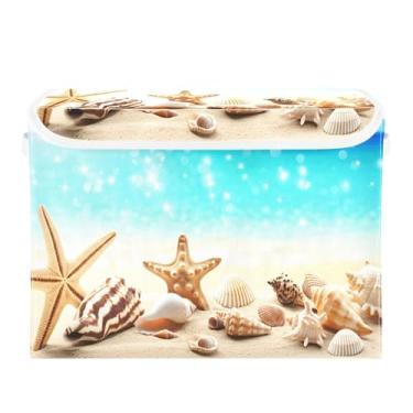 Imagem de CEBUGI Caixotes de armazenamento com tampas, caixa de armazenamento de tecido dobrável, conchas, estrela-do-mar, compartimentos organizadores de armazenamento para armário de casa prateleiras de