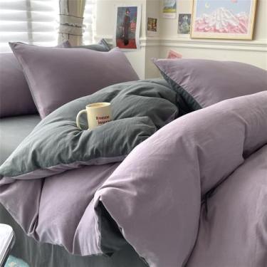 Imagem de XLCZMYL Jogo de cama de algodão sólido com lençol de capa de edredom fronhas casal solteiro king queen casal casal tamanho solteiro, roxo cinza, 150 x 200 3 peças