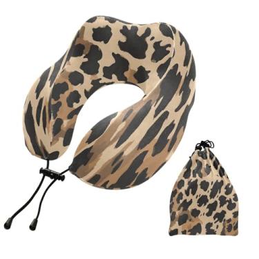 Imagem de CEBUGI Travesseiros de viagem portáteis em forma de U, travesseiro de pescoço de espuma viscoelástica com trava de corda ajustável para avião, viagem, trem, negócios, escritório, soneca (estampa