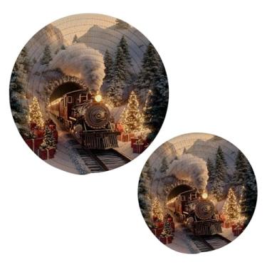 Imagem de Wassud A Coming Train Conjunto de trivet de Natal para pratos quentes, suportes de panela redondos, almofadas quentes de algodão, porta-copos elegantes, decoração de cozinha e acessórios, 2 peças