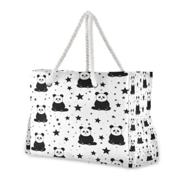 Imagem de Wassud Bolsa de praia grande com panda e estrela para mulheres, impermeável, à prova de areia, bolsa de viagem com zíper e bolso para piscina, academia, acampamento