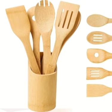 Imagem de Kit 5 Peças Utensílios de Cozinha, Bambu, com Cepo Organizador, Colher, Espátula, Garfo, 275g