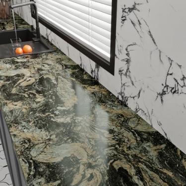 Imagem de FANCYEASY Papel de contato de mármore preto brilhante para bancadas, papel de parede de mármore impermeável, descasque e cole para cozinha, autoadesivo, papel de parede dourado preto para banheiro