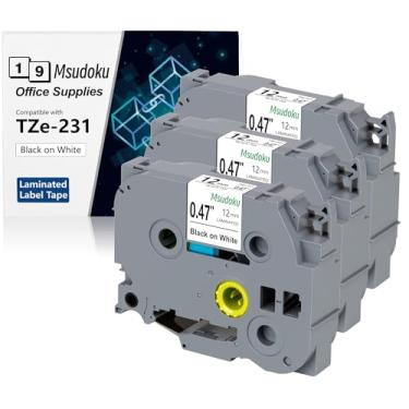 Imagem de Msudoku Pacote Com 3 Fitas Tz De 12 Mm, 0,47 X 26,2, Laminadas, Brancas, Compatíveis Com Fitas Cassete Para Impressoras De Etiquetas Brother P-Touch Pth110 Ptd410, Pretas E Brancas
