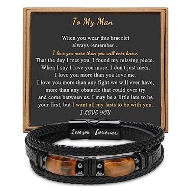 Imagem de x:li x:li para homens Pai, namorado, filho, neto, irmão, amo-te, eterno, olho de tigre, pedra do dia dos pais, aniversário, aniversário, Natal, joia preta, 19 cm, 9 inches, Couro, Sem pedras preciosas