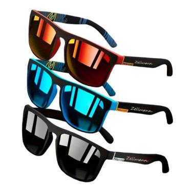 Imagem de Kit 3 Óculos de Sol Masculino Square Polarizado Preto Vermelho e Azul 