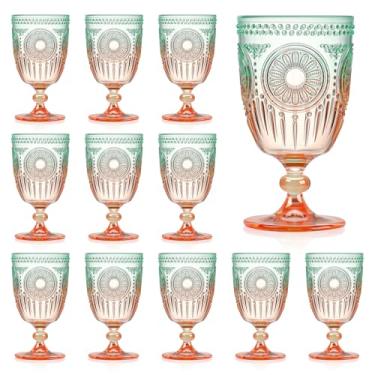 Imagem de XUWAIDSGN 12 peças de copos de vinho vintage de plástico 382 g copos de cálice em relevo verde laranja Gradien retrô copos de vinho com haste inquebrável champanhe copos de água para coquetel de