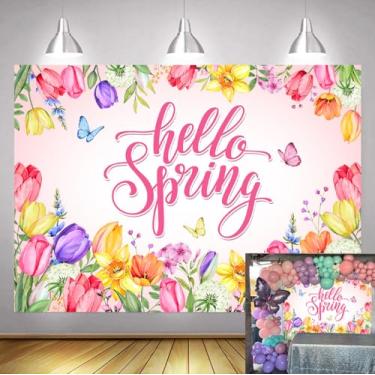 Imagem de Pano de fundo grande floral colorido de 2,8 x 1,8 m Hello Spring, pano de fundo de borboleta, para meninas, festas de aniversário, decoração de bolo, banner, adereços de cabine de fotos