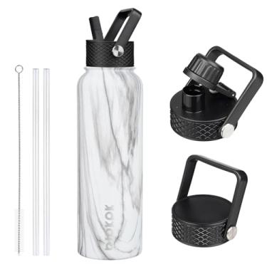 Imagem de BJPKPK Garrafas de água isoladas com tampa de palha, garrafas de água de aço inoxidável de 1,2 l com 3 tampas, garrafa térmica à prova de vazamento sem BPA, copos, copos para esportes, academia -