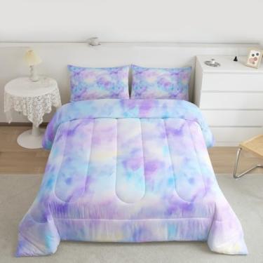 Imagem de Feelyou Conjunto de edredom solteiro azul roxo tie dye aquarela para crianças, adolescentes, sonhador, feminino, edredom para decoração de quarto, 2 peças com 1 fronha