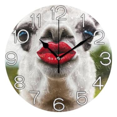Imagem de GAIGEO Relógio de parede analógico engraçado com lábios vermelhos de lhama decorativo relógio de cozinha rústico estético silencioso sem tique-taque, decoração de parede moderna para sala de estar, 25