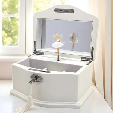 Imagem de Lihou PapaQ Caixa de joias de bailarina musical branca para meninas e mulheres - Caixa de música infantil com bailarina giratória, espelho e cadeado, presentes para Natal, aniversário, dia dos