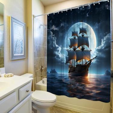 Imagem de Cortina de chuveiro navio pirata náutico veleiro oceano aventura lua cheia céu noturno nublado conjunto de acessórios de banheiro poliéster com gancho 170x170 cm A