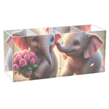 Imagem de TSENQUE Lindo porta-lápis para caneta, mesa adorável elefante dia dos namorados, porta pincéis de maquiagem de acrílico, organizador de decoração de mesa de escritório personalizado
