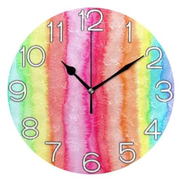 Imagem de Relógio de parede analógico decorativo funky alimentado por bateria relógio de sala de aula, decoração de parede de sala de estar moderna, listras arco-íris aquarela, 25 cm, ponteiros pretos