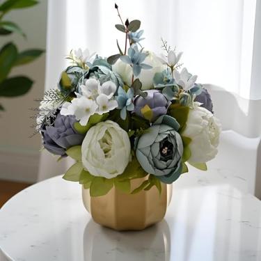 Imagem de NAWEIDA Flores artificiais em vaso, arranjos de flores de rosa de hortênsia sintética para decoração de escritório em casa, mesa de jantar