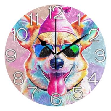 Imagem de GAIGEO Relógio de parede analógico decorativo redondo sem tique-taque silencioso quarto relógio de cozinha, arte de parede boho decoração de casa fofo Corgi cão colorido, 25 cm, ponteiros pretos