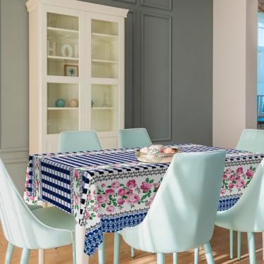 Imagem de Toalha de Mesa Plástica Térmica Para Mesas de 4 e 6 Lugares (Rosas com Xadrez Azul,6 Lugares)