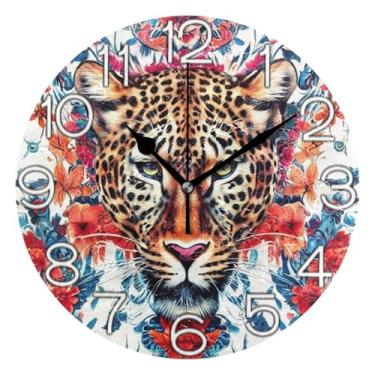 Imagem de GAIGEO Relógio de parede analógico decorativo operado por bateria silencioso relógio de cozinha rústico, decoração de sala de estar, arte floral colorida leopardo, 25 cm, ponteiros pretos