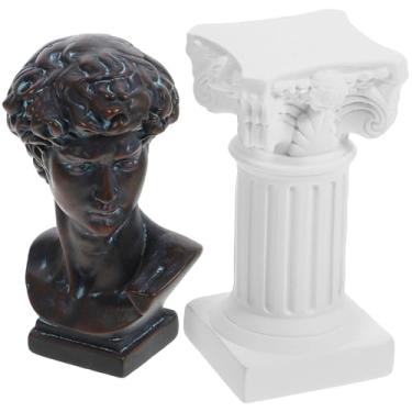 Imagem de Luxshiny 1 conjunto de escultura de busto de David em resina coluna romana miniatura estátua de David decoração de mesa (2 peças)