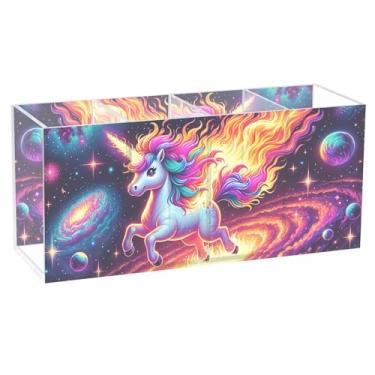 Imagem de TSENQUE Porta-lápis de mesa de desenho animado, unicórnio fofo, espaço de fogo, galáxia, acrílico, organizador de pincéis personalizado, porta-lápis, caneta, marcador, arte, organizador de mesa
