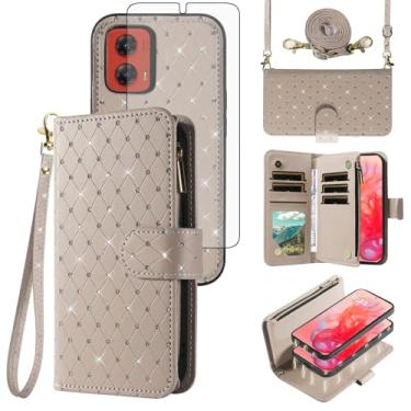 Imagem de Capa carteira compatível com Motorola Moto G Stylus 5G 2024 com zíper, célula destacável e protetor de tela de vidro temperado, alça transversal com glitter flip porta-cartões, capa para celular para